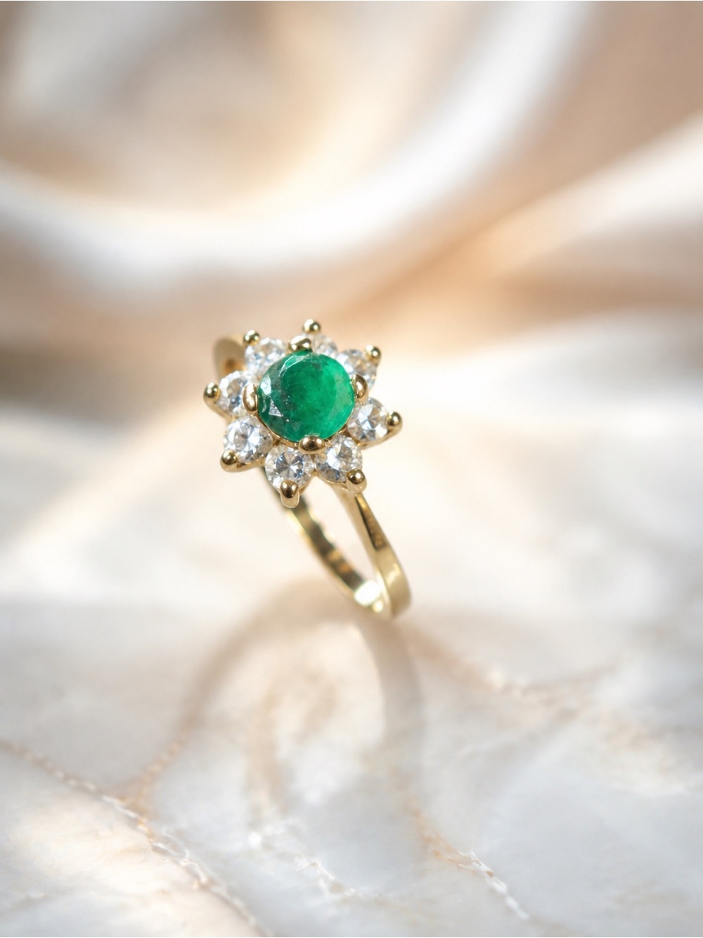 Gold Emerald Halo Ring with Sparkling White Accents